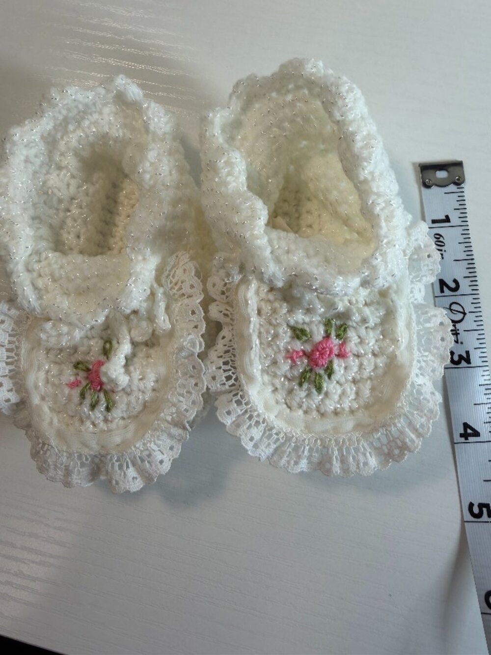 Vintage crochet baby booties, white with hand stitched pink flowers, homemade
